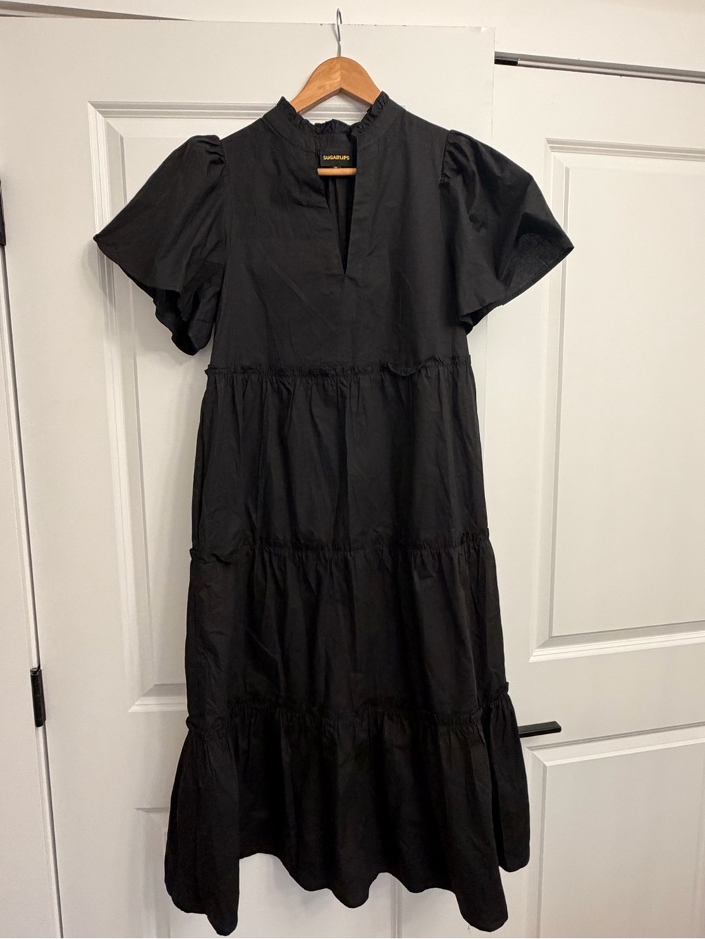 Sugarlips Black Tiered Maxi Dress Flutter Sleeve XS